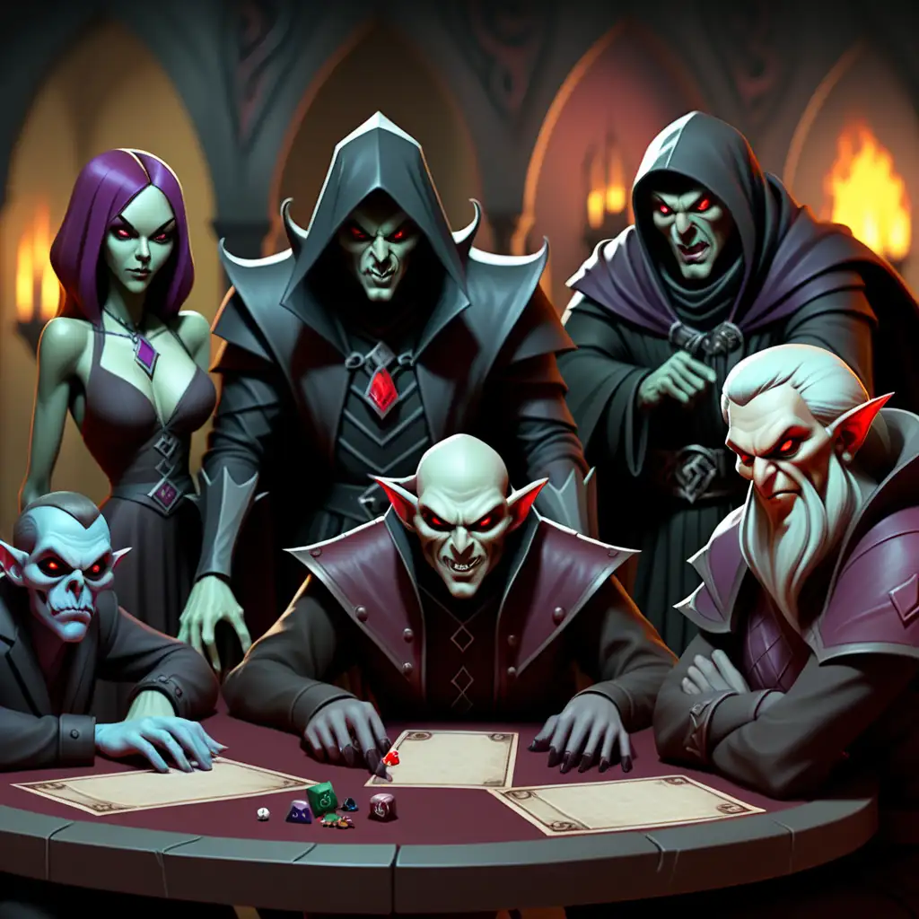 4 evil persons sitting at the table, playing dnd