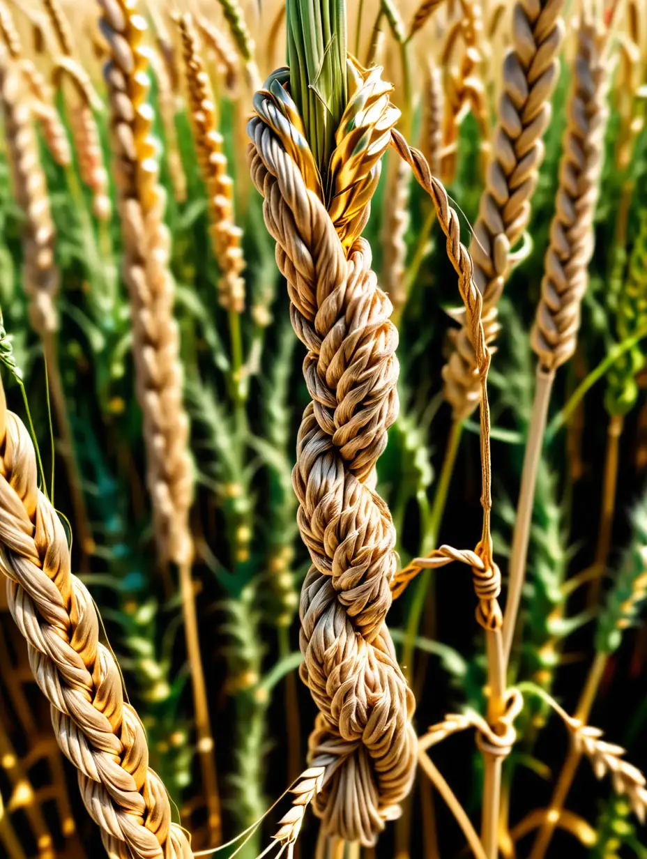 Golden Wheat Bundle Hanging from Hemp Rope in Wheat Field