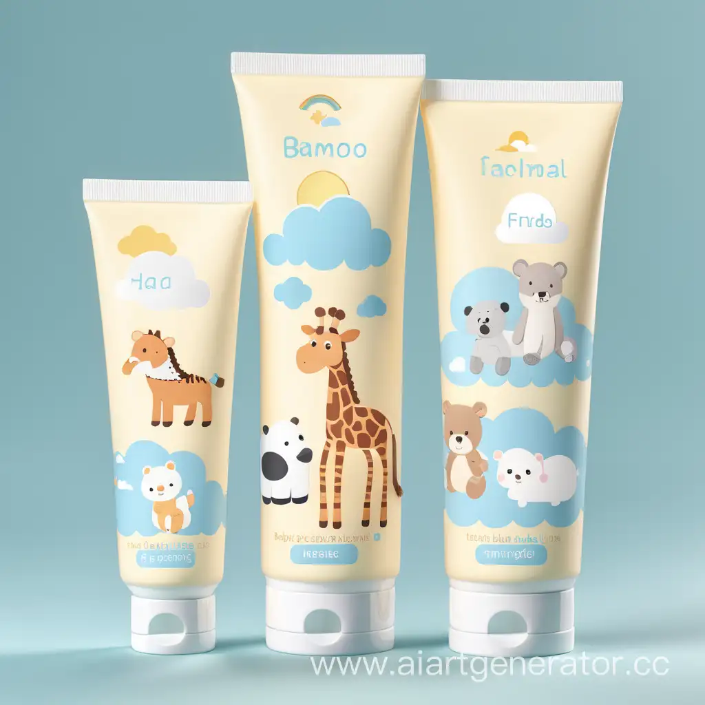 Baby cream, wash, shampoo or lotion tube packaging with animals in the cloud printed