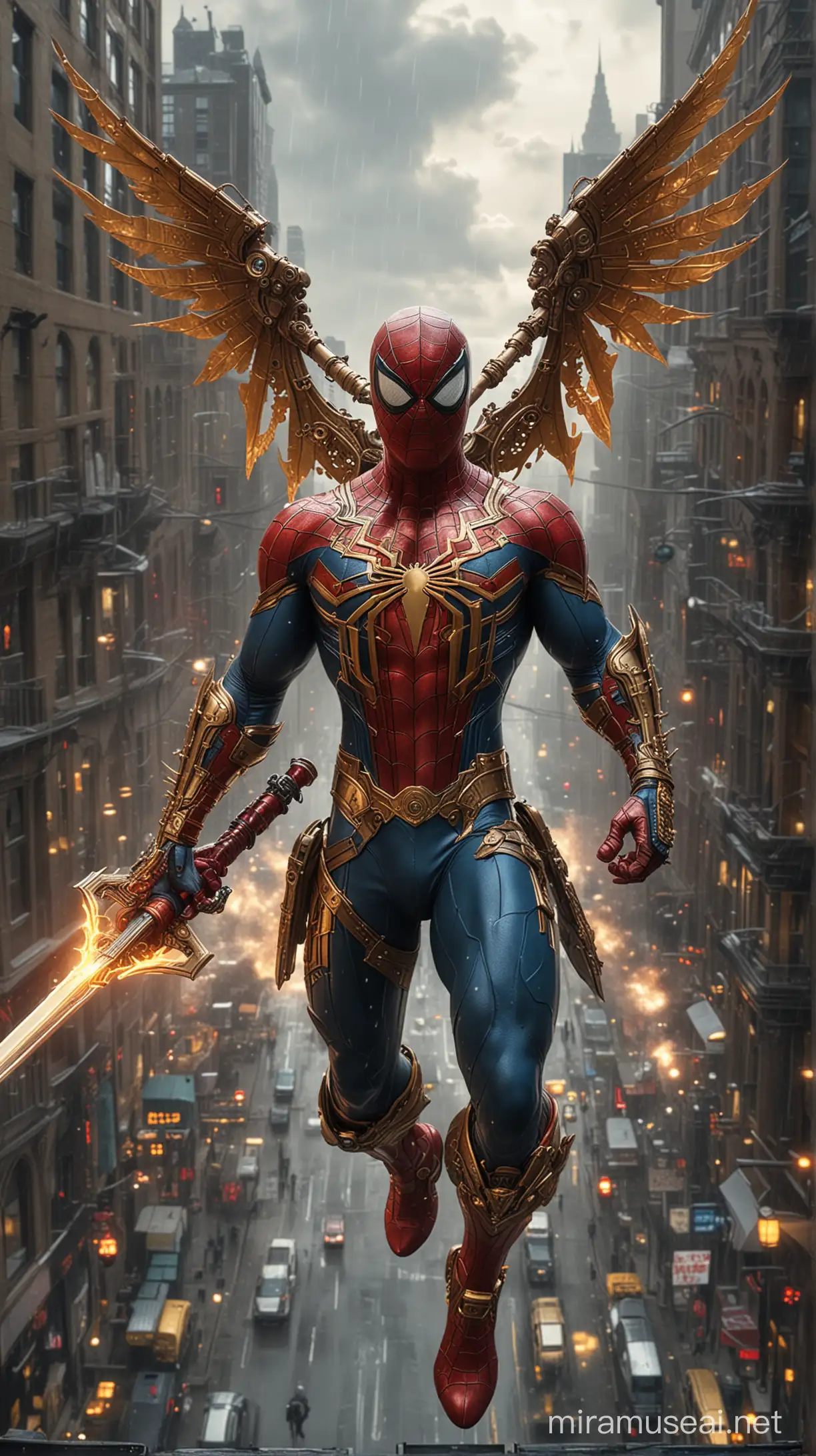 top-down view/full body view], buff spiderman in red, blue and gold ornate steampunk armor, and large flaming mechanical wings, holding a glowing sword, flying high above a busy city, fractals, rainy weather, grey clouds, city lights, reflections, intricate details.