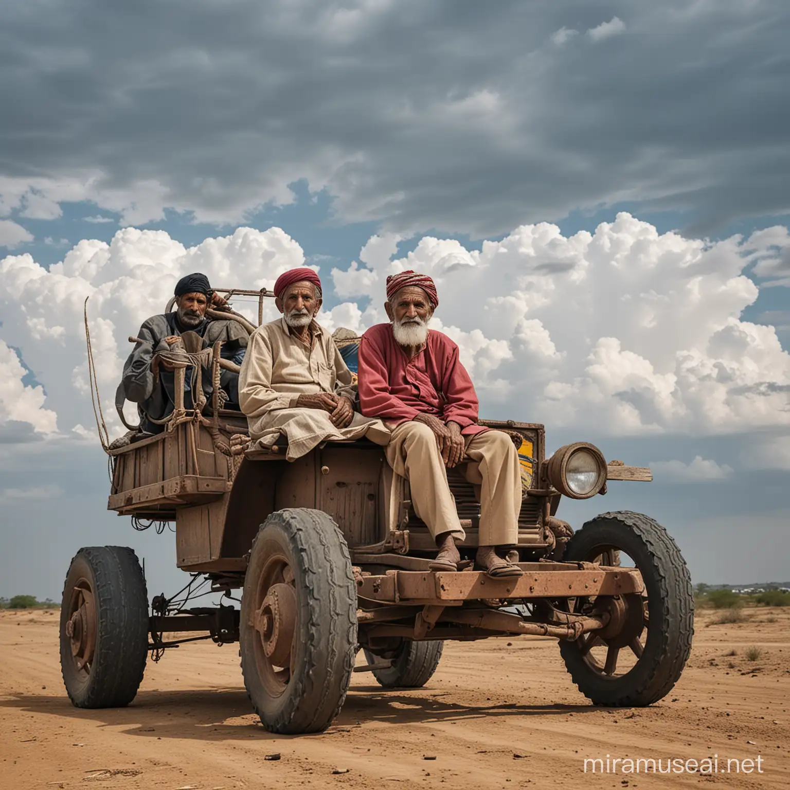 Rabari rajasthan 89 years old is sitting on old woodencar wide full body cloudy sky  24 mm fuji xt3 fotorealistis h  detailted