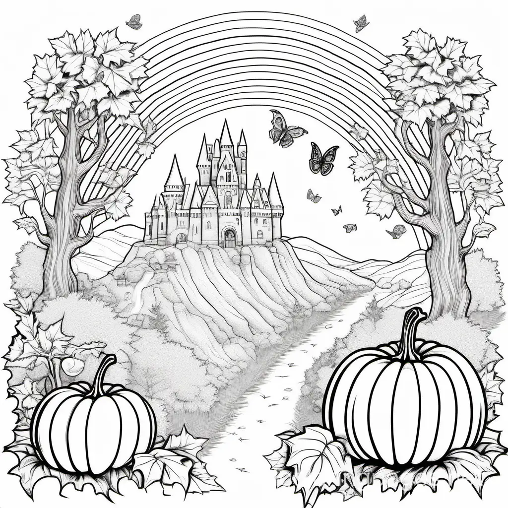 a magical realm,  a castle, pumpkins, grapes and vegetables and a  wizard with a waterfall and a frog and an open book by an old tree  in a field of flowers and butterflies and books on a sunny day with a rainbow in the sky , Coloring Page, black and white, line art, white background, Simplicity, Ample White Space. The background of the coloring page is plain white to make it easy for young children to color within the lines. The outlines of all the subjects are easy to distinguish, making it simple for kids to color without too much difficulty