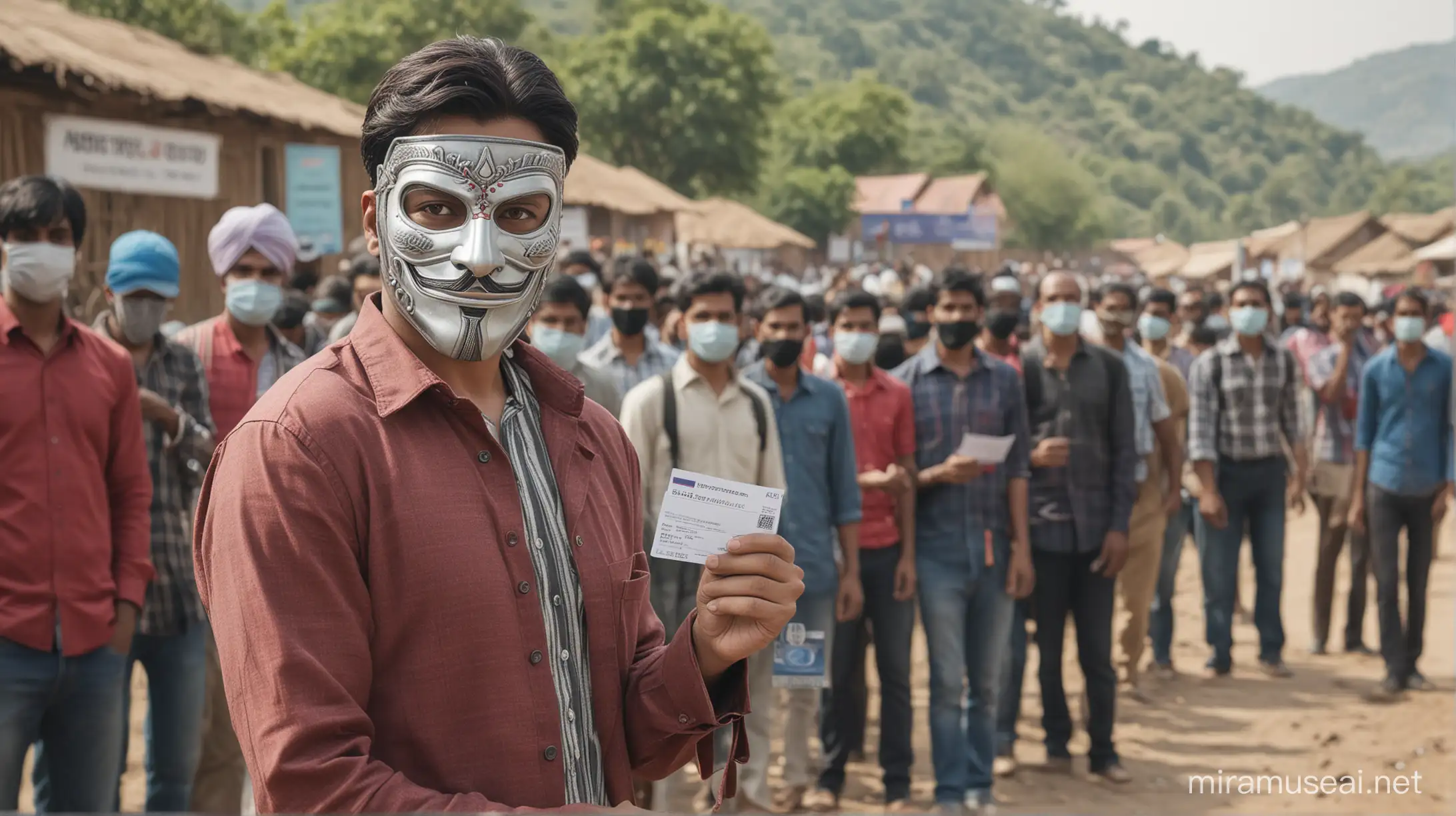 Mysterious Masked Voters in Queue with ID Cards in Indian Village