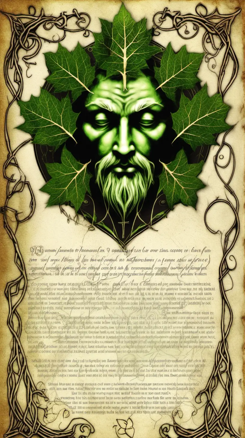 A page for a spell book for a practitioner of magic who reveres the pagan deity Green Man