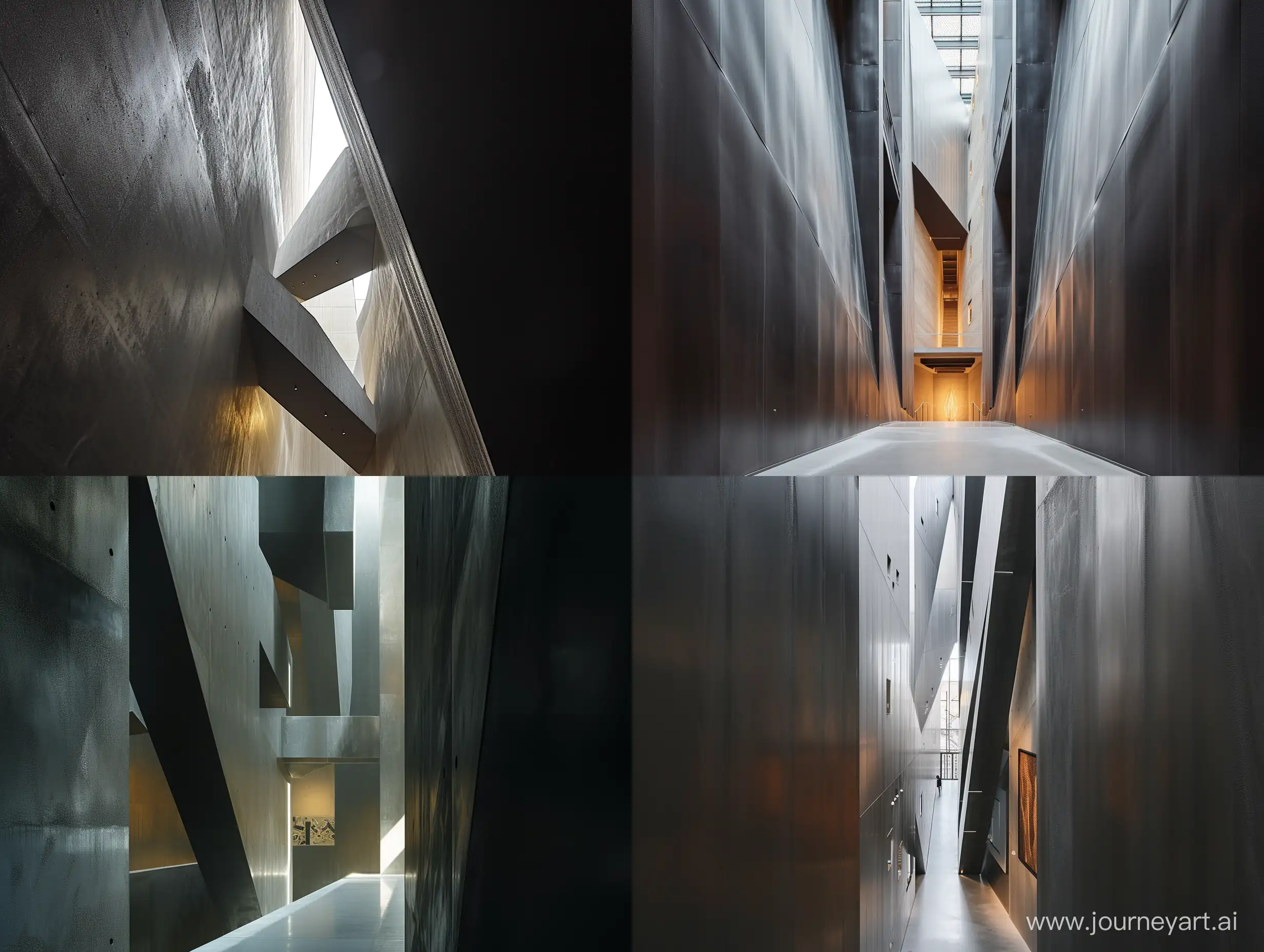 a building that is seen through a tall, straight passageway, in the style of minimalist sculptor, light silver and black, interactive exhibits, frequent use of diagonals, natural lighting, the vancouver school, phoenician art