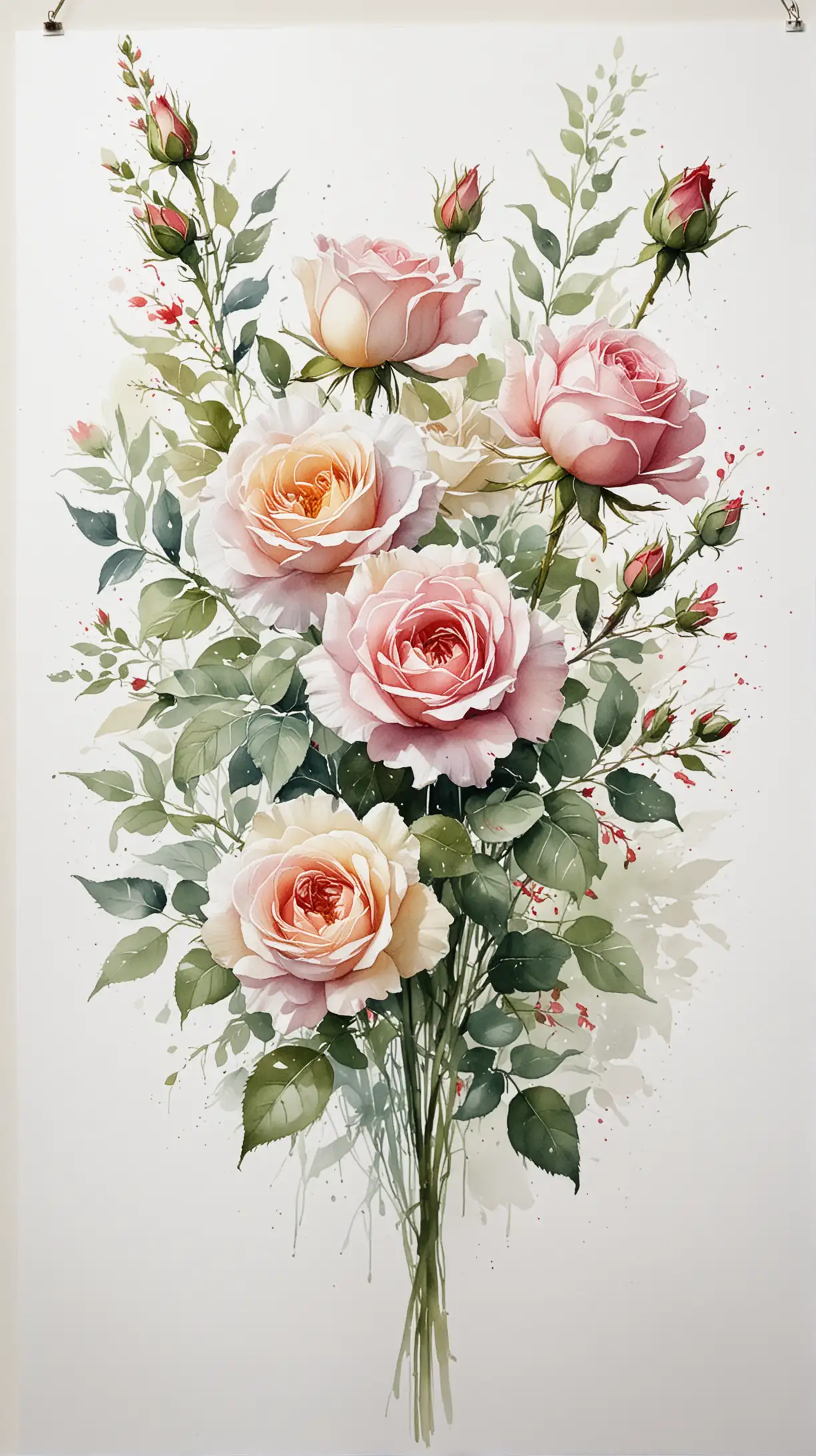 loose brush watercolour painting of roses flowers bouquet, long stem
,white background