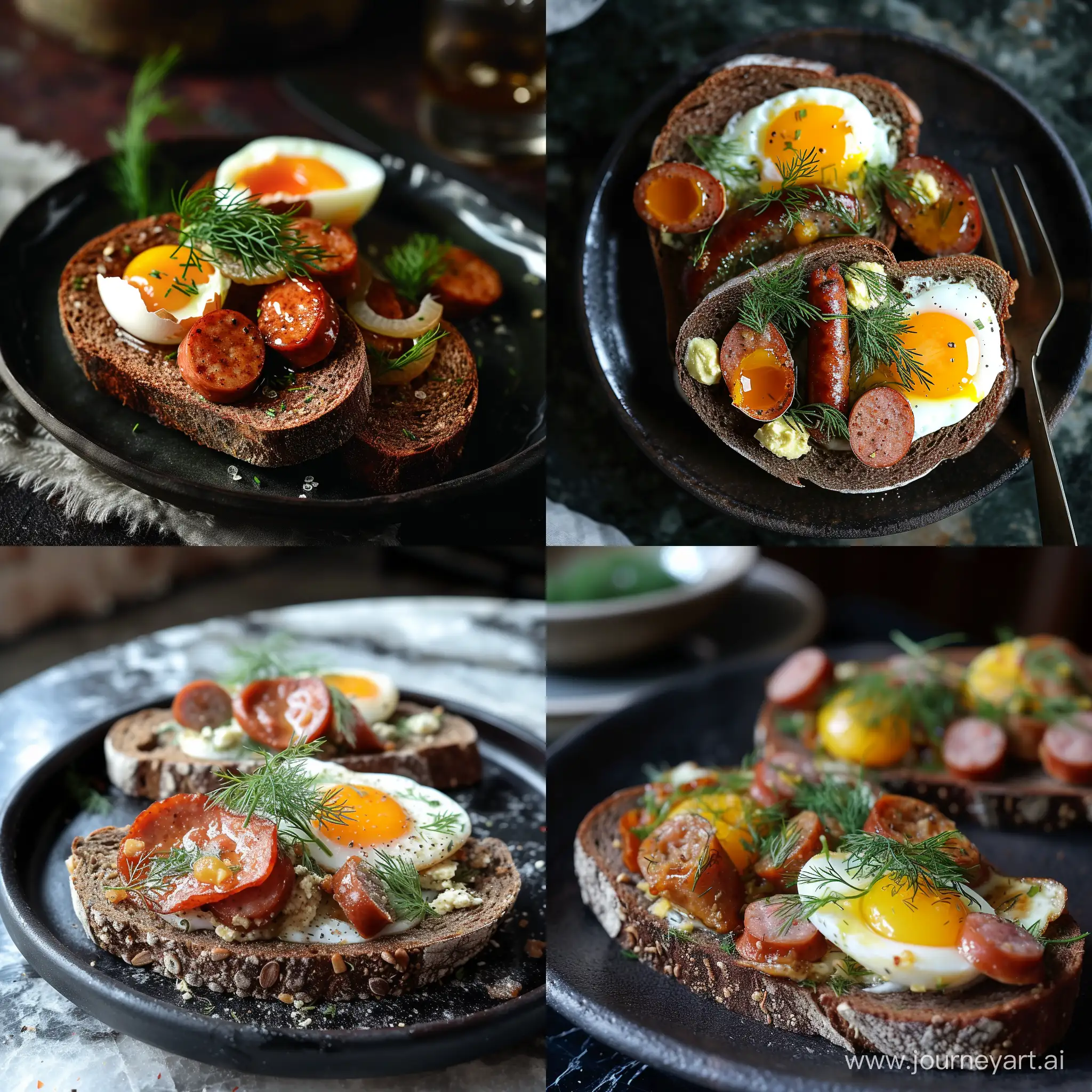Savory-Rye-Toast-Breakfast-with-Egg-Sausage-and-Dill-on-Dark-Plate