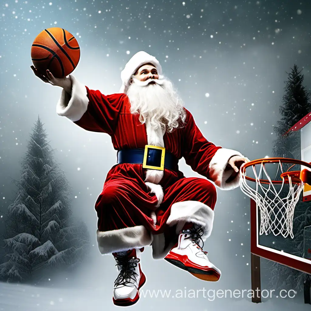 Дед мороз ставит сверху slam dunk баскетбол