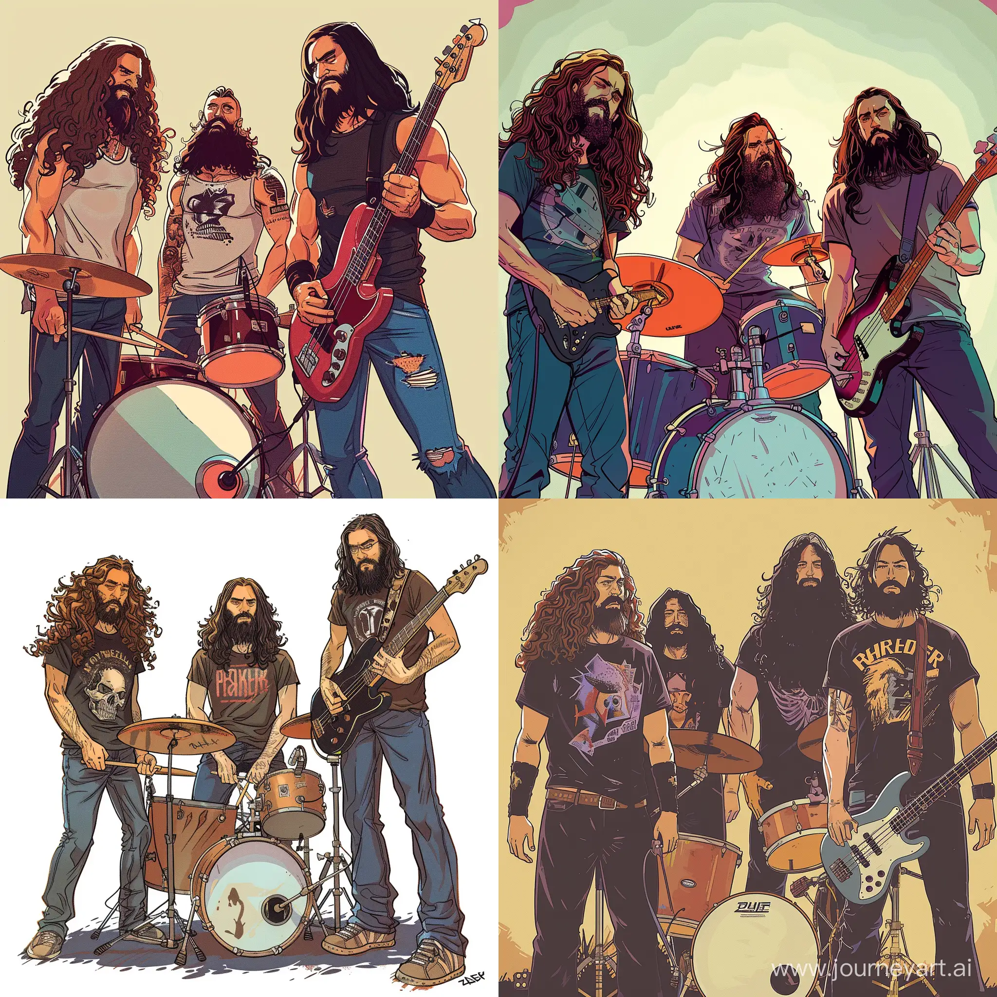 a 4 piece "stoner rock" band in the style of the preacher comics. the drummer has long curly brown hair, no beard. the bass player has long straight black hair and a guy fawkes beard. guitar player looks like frank zappa in t shirt and flairs, the other guitar player looks like the professional wrestler raven in t shirt and jeans.