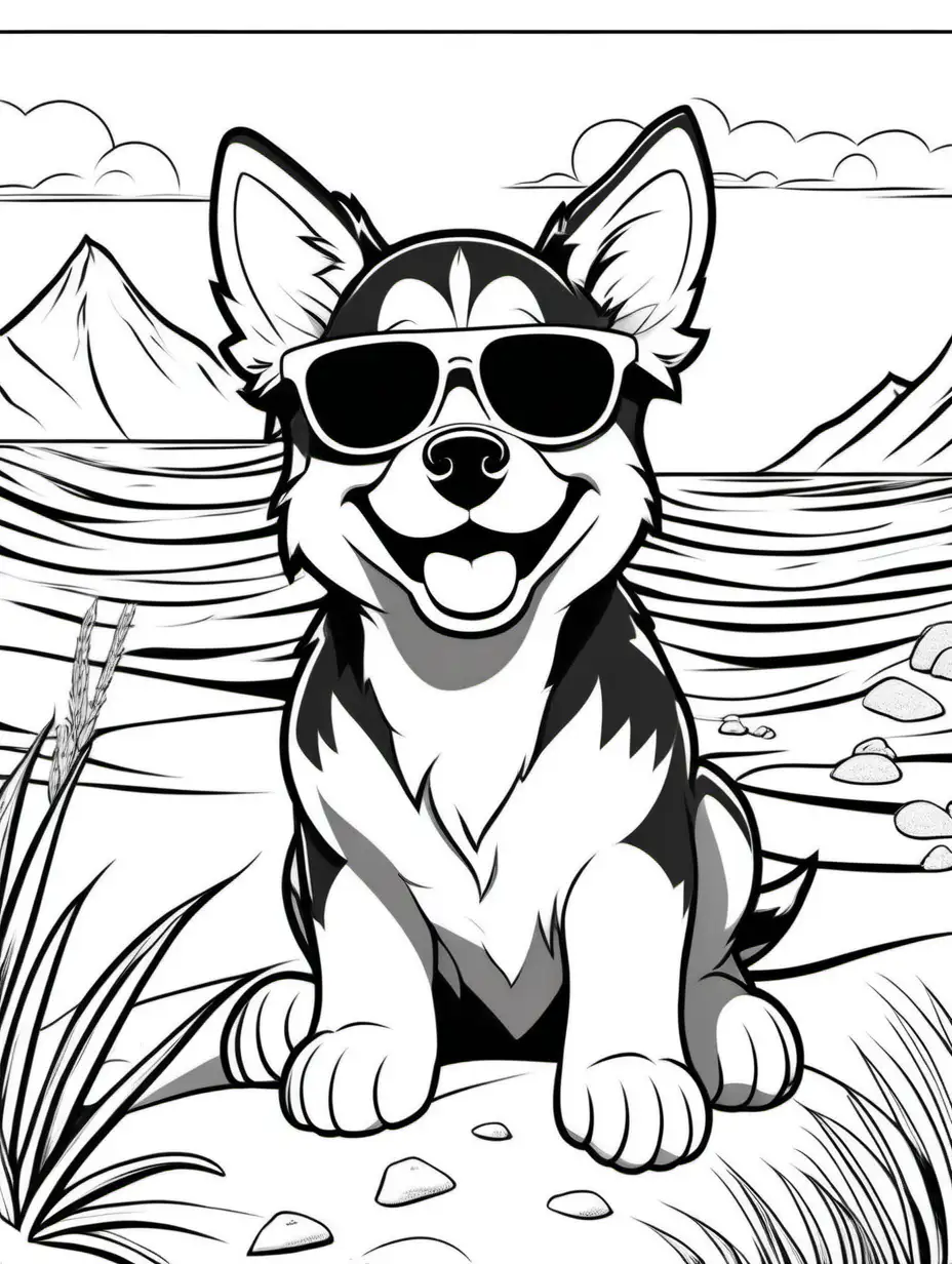 Husky Puppy with Sunglasses Coloring Book at the Beach