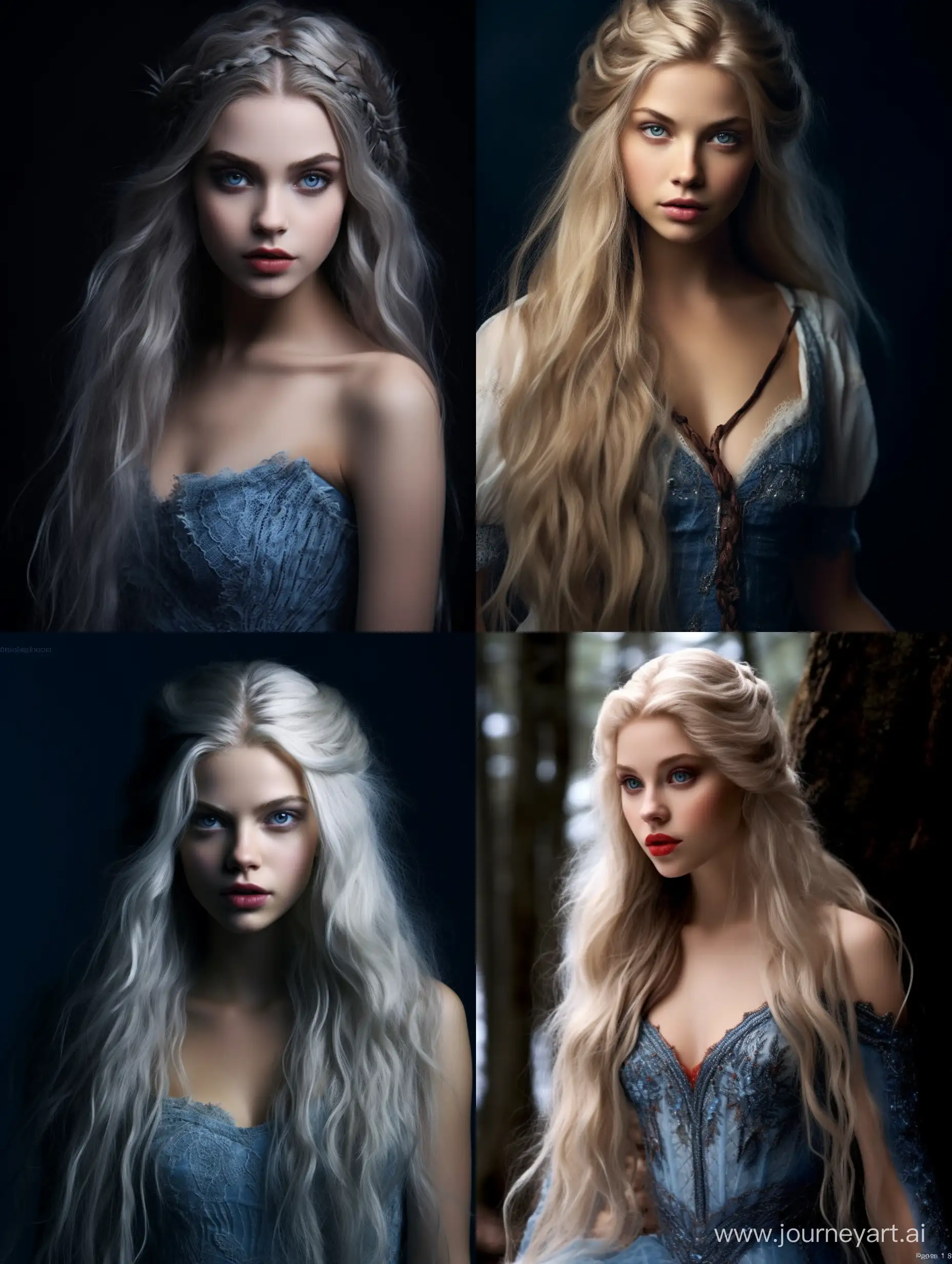Francesca Findabair: Most beautiful woman in the world, her blue, elven eyes ringed with dark kohl make-up. She had long golden hair worn in majestic hairstyles and wore a lavish crimson dress and a red Ruby necklace. Sharp Elven features, and long pointed ears. Loosely base features on Samara Weaving, Margot Robbie and Anya Taylor-Joy. Do not use any other color in outfit and jewellery other than red and gold. 