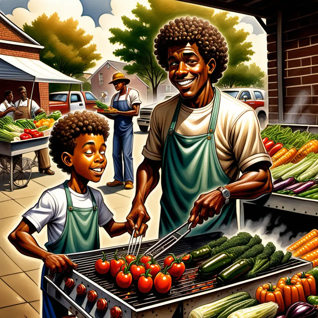 cartoon ernie barnes style african american 10 year old boy with curly hair grilling vegetables from the farmer's market with his father
