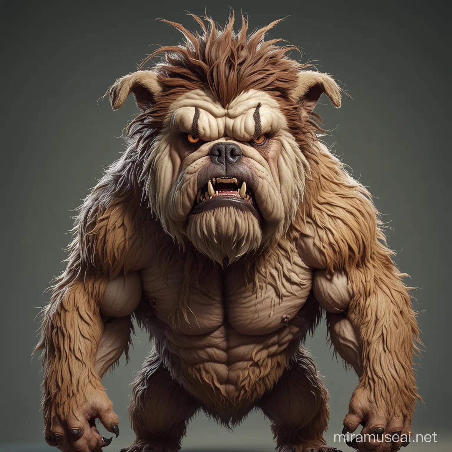 bulldog monster,hairy,gaint,concept art,body covered with hair,angry face expression,mutated
