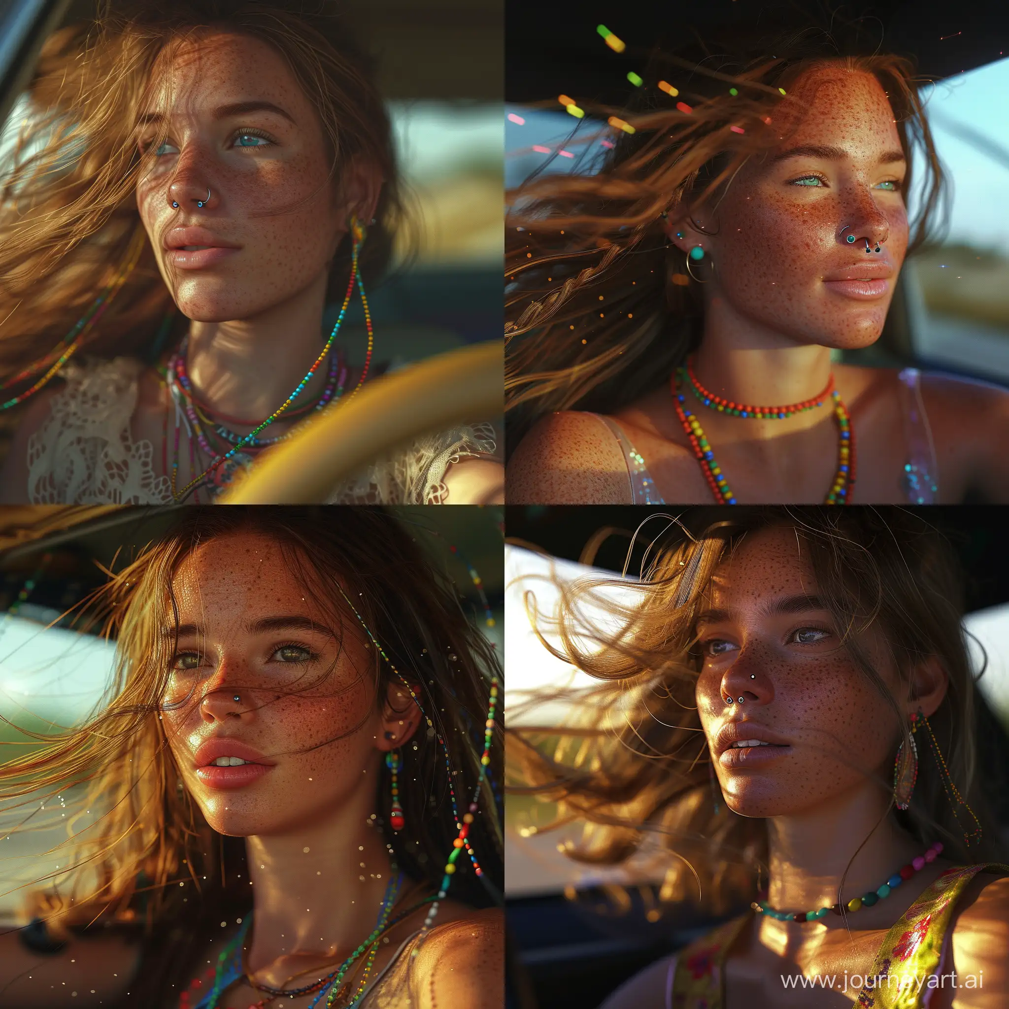 A portrait of a hippie LA girl driving the car, (barely visible freckles), informal hair blowing in the wind, nose piercing, colored beads, hyperdetailed photography, soft light, small dot earring, summer time, telephoto lens, bokeh, atmospheric, hyper realistic, 8k, cinematic, octane render, artstation, detailed, DeviantArt, Flickr, detailed post processing

