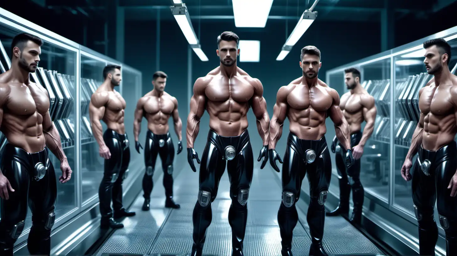 Homoerotic) In a futuristic high tech laboratory, standing single file on a conveyor belt  a row of handsome muscular men in the process of being turned into cyborgs. Human from the waist up, the lower half of their bodies is already encased in tight shiny black rubber,  highly detailed, epic reality, photorealistic, 8k resolution