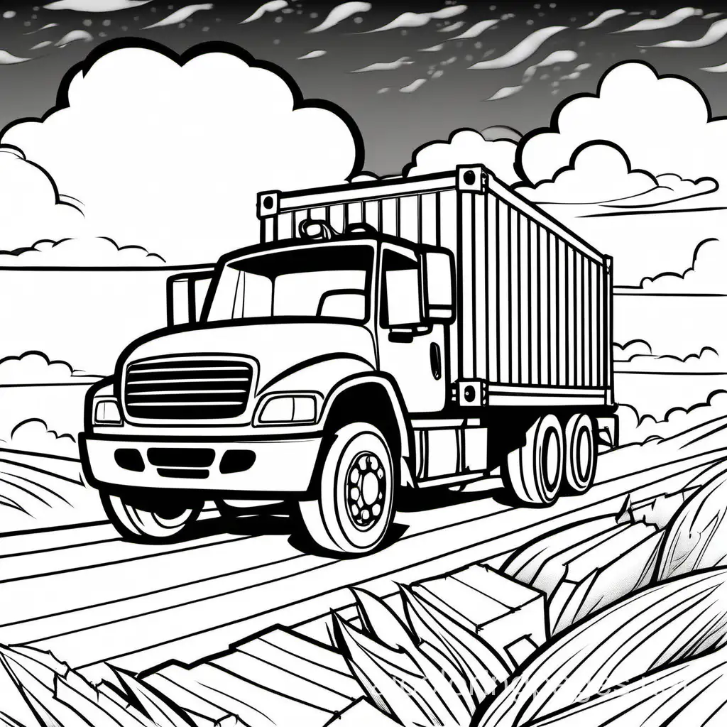 a pick up truck with a container behind it being delivered, with the sky and clouds in the background, Coloring Page, black and white, line art, white background, Simplicity, Ample White Space. The background of the coloring page is plain white to make it easy for young children to color within the lines. The outlines of all the subjects are easy to distinguish, making it simple for kids to color without too much difficulty