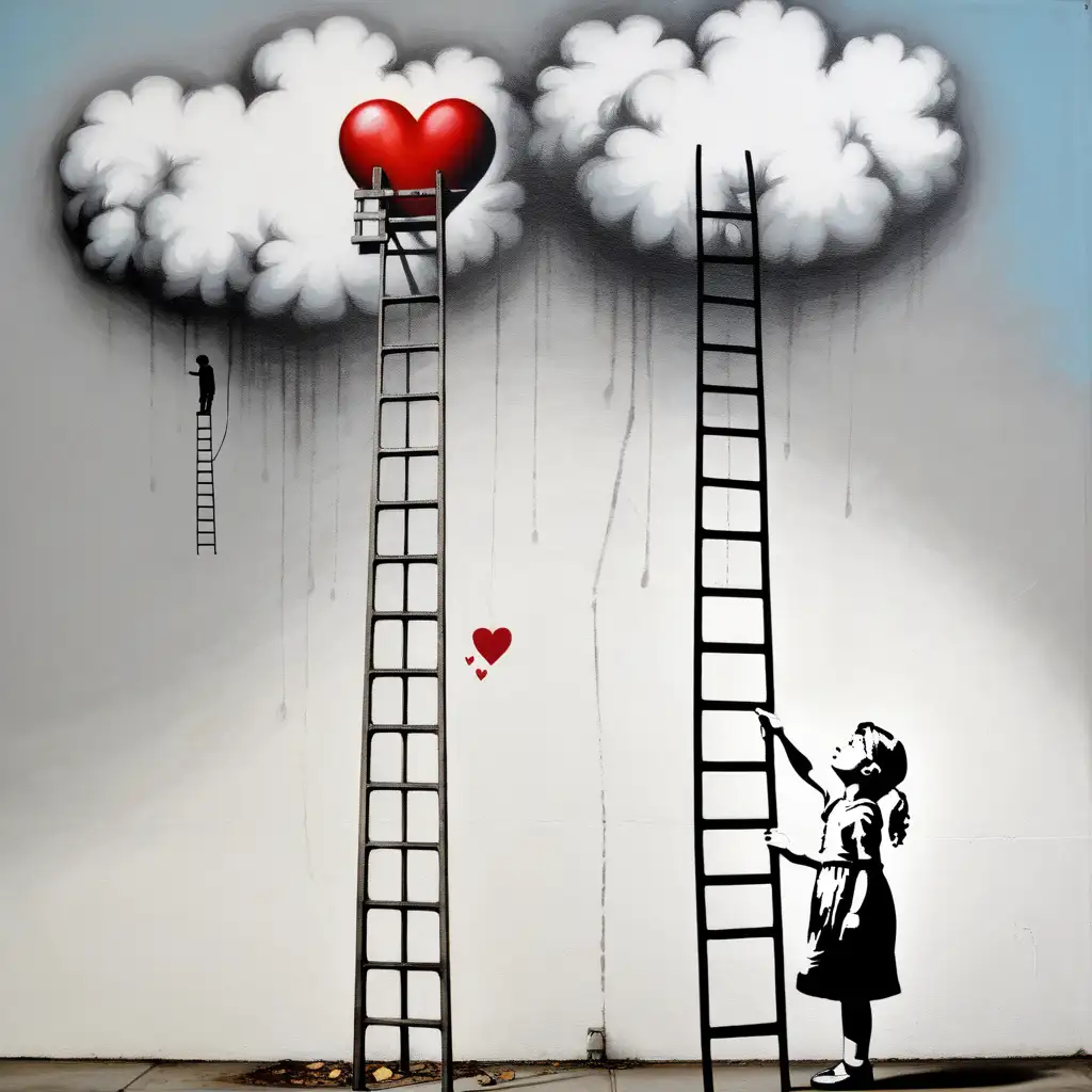graphiti; banksy; ladder to normal cloud; woman standing next to ladder from ground; hand holds heart;