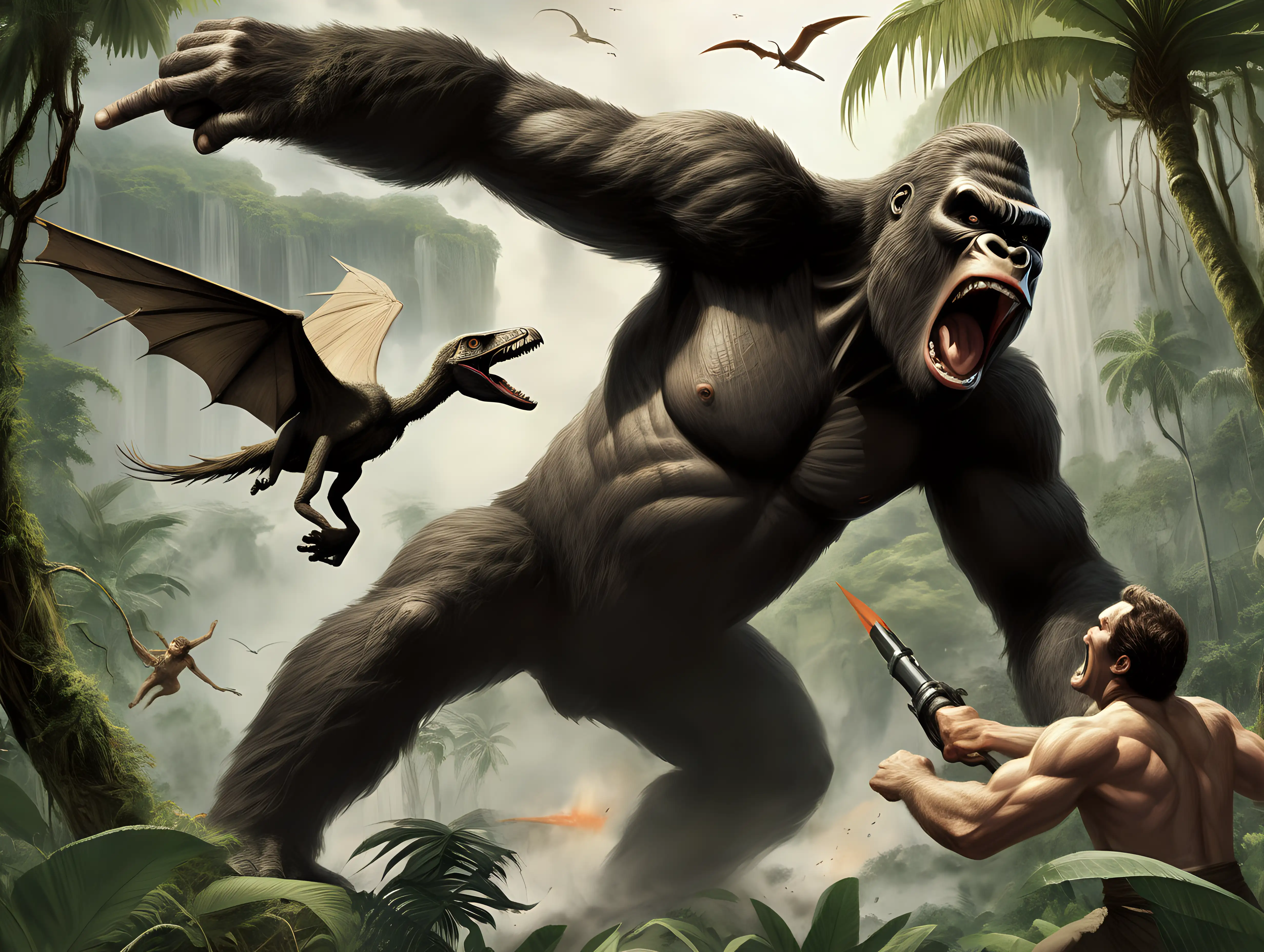 King Kong fights a pterodactyl in the jungle