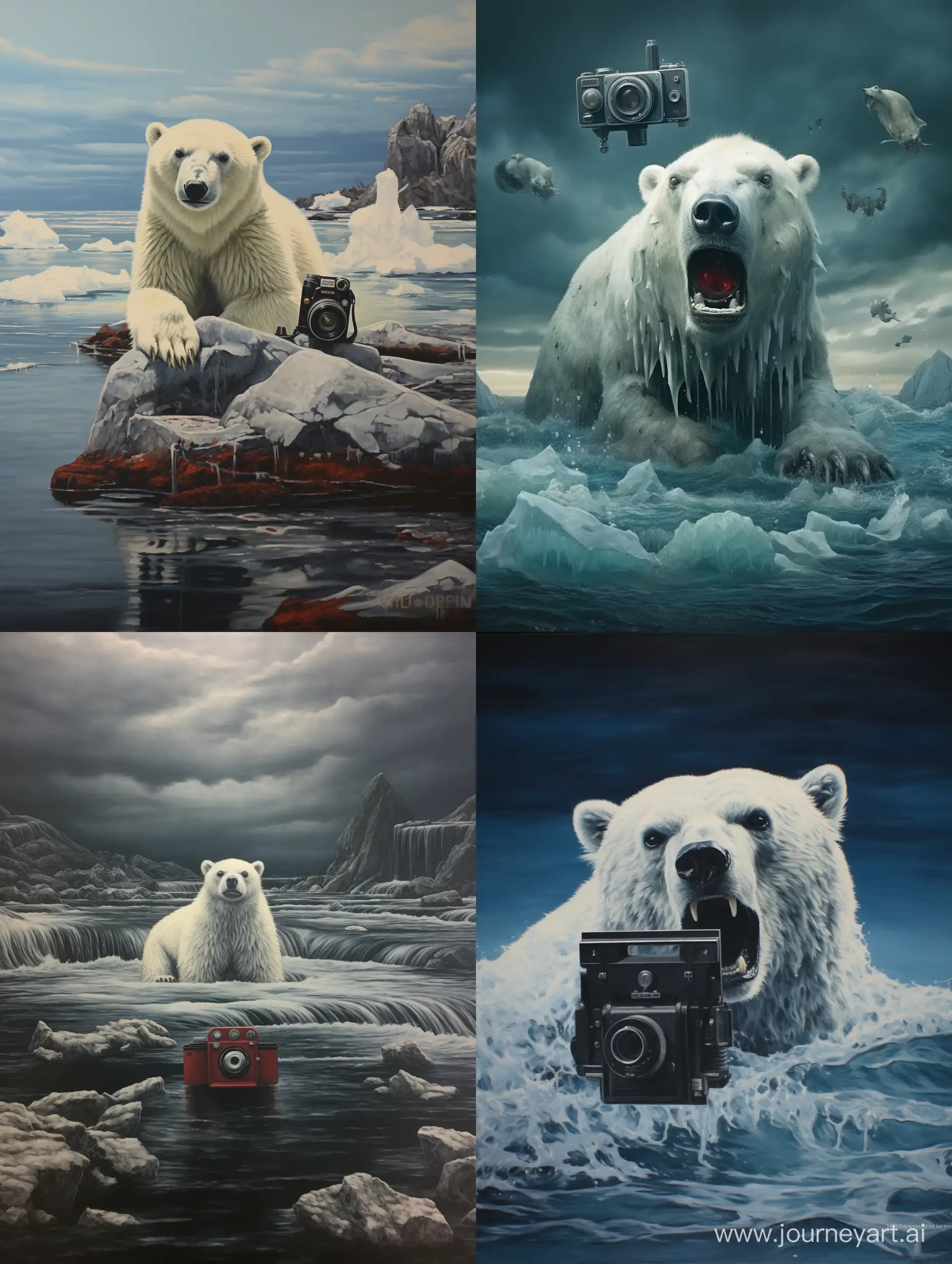Море, айсберг, белый медведь с кинокамерой