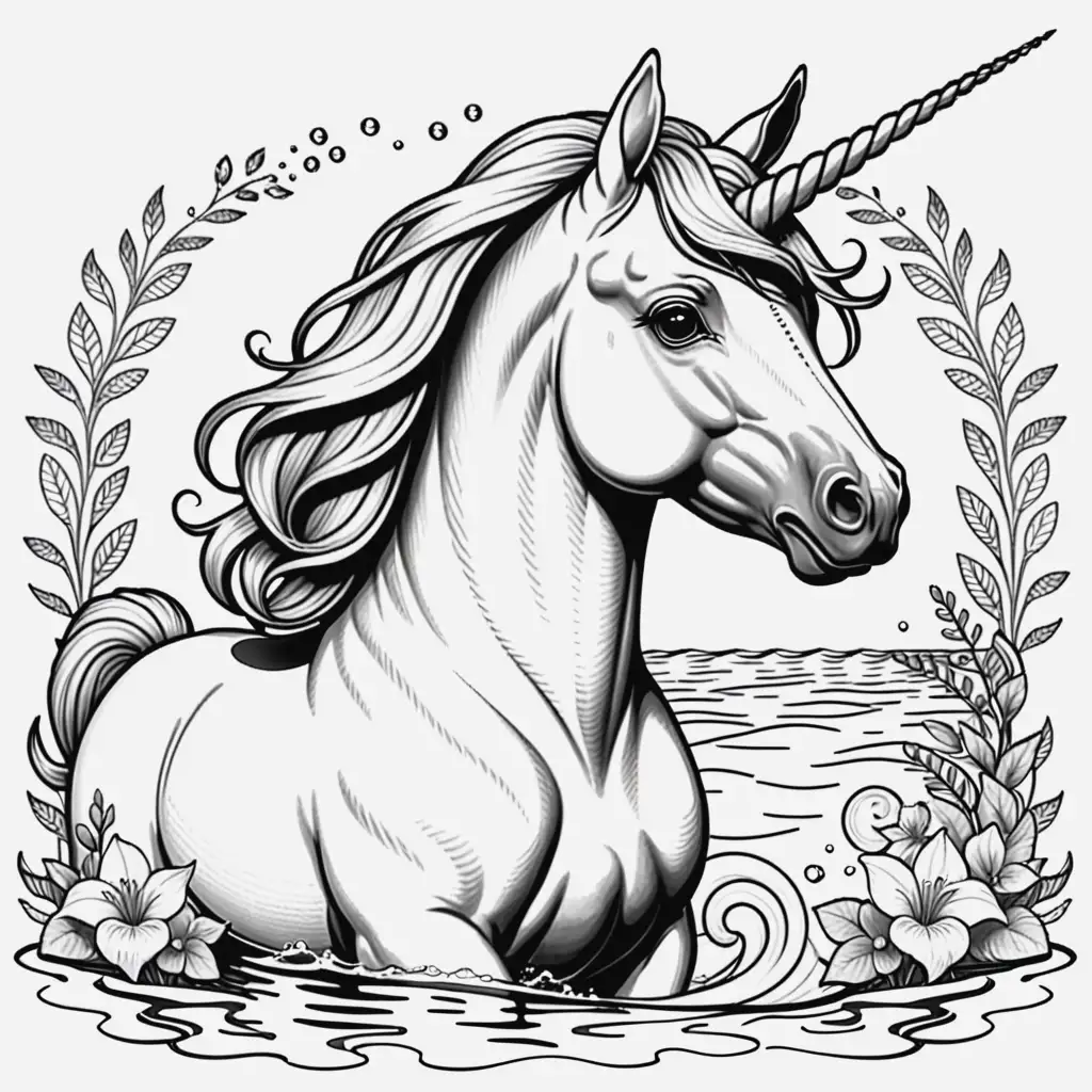 Unicorn Swimming in Enchanting Waters for Coloring Book