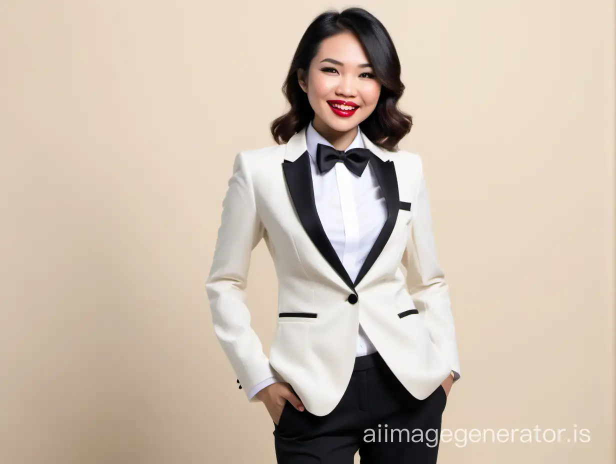 cute and sophisticated and confident and smiling Vietnamese woman with shoulder length hair and lipstick wearing an ivory tuxedo with black pants and with a white shirt and a black bow tie. Her hands are in her pants pockets.