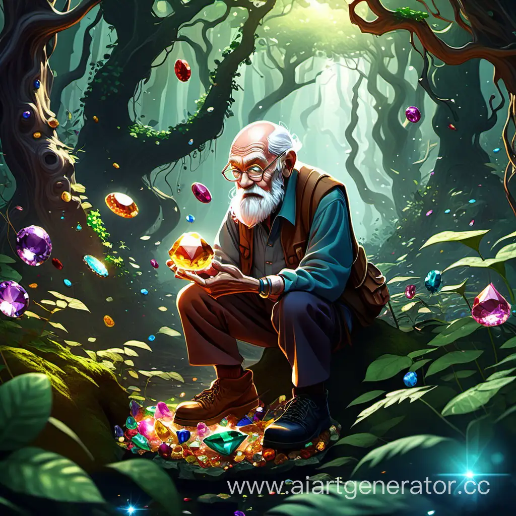 Old man in the forest filled with gems and plants floating
