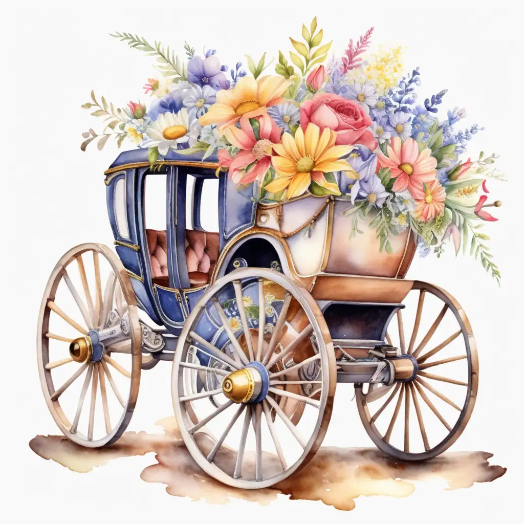 en gammal hästvagn fylld med blommor i vattenfärg