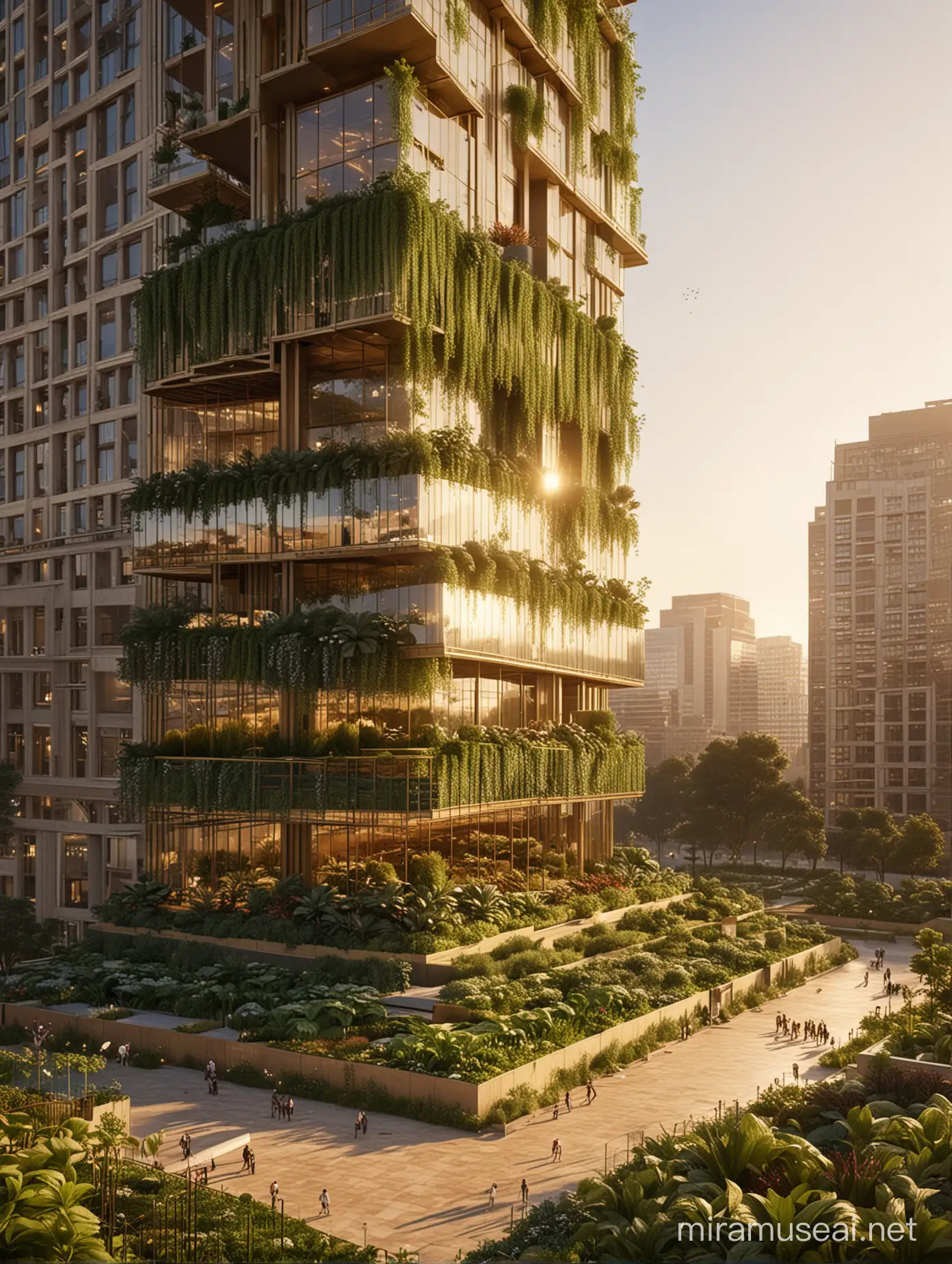 skyscraper with a plaza cut from the base, building raised above the ground with open space underneath, hanging gardens, stepped construction, good renders, golden hour, architectural, close up view of the base