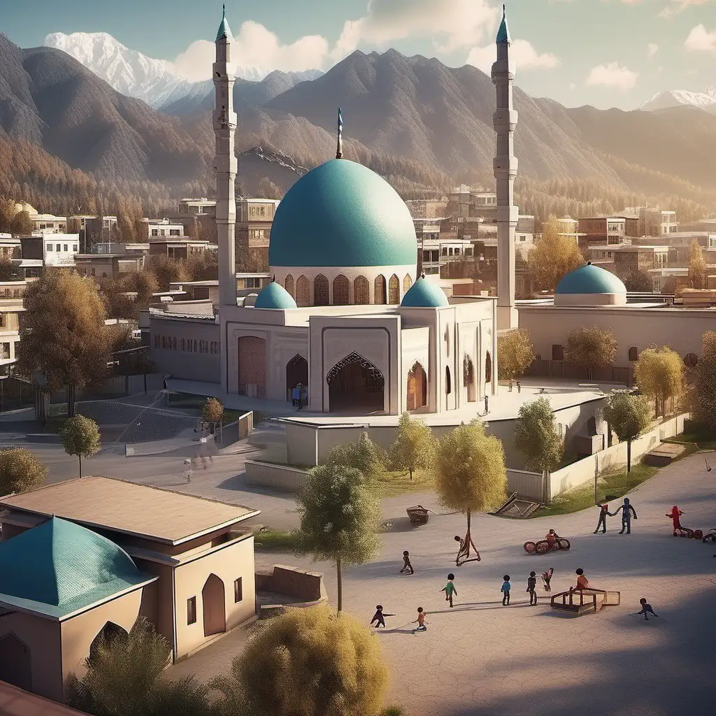 Picturesque Village Morning Majestic Mosque Mountains and Family Fun