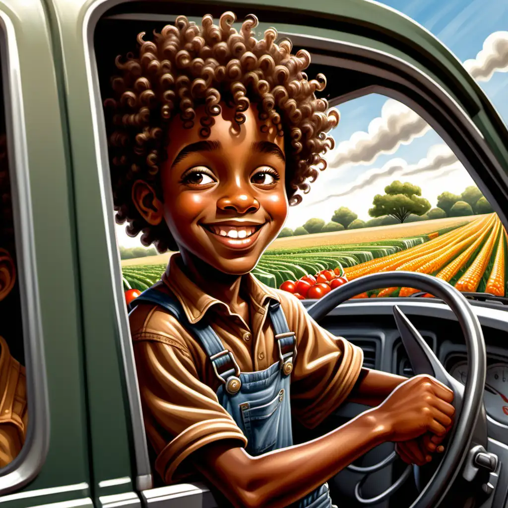 ernie barnes style cartoon african american 10 year old boy with curly hair and brown overalls looking out the car window smiling on the way to the farmer's market