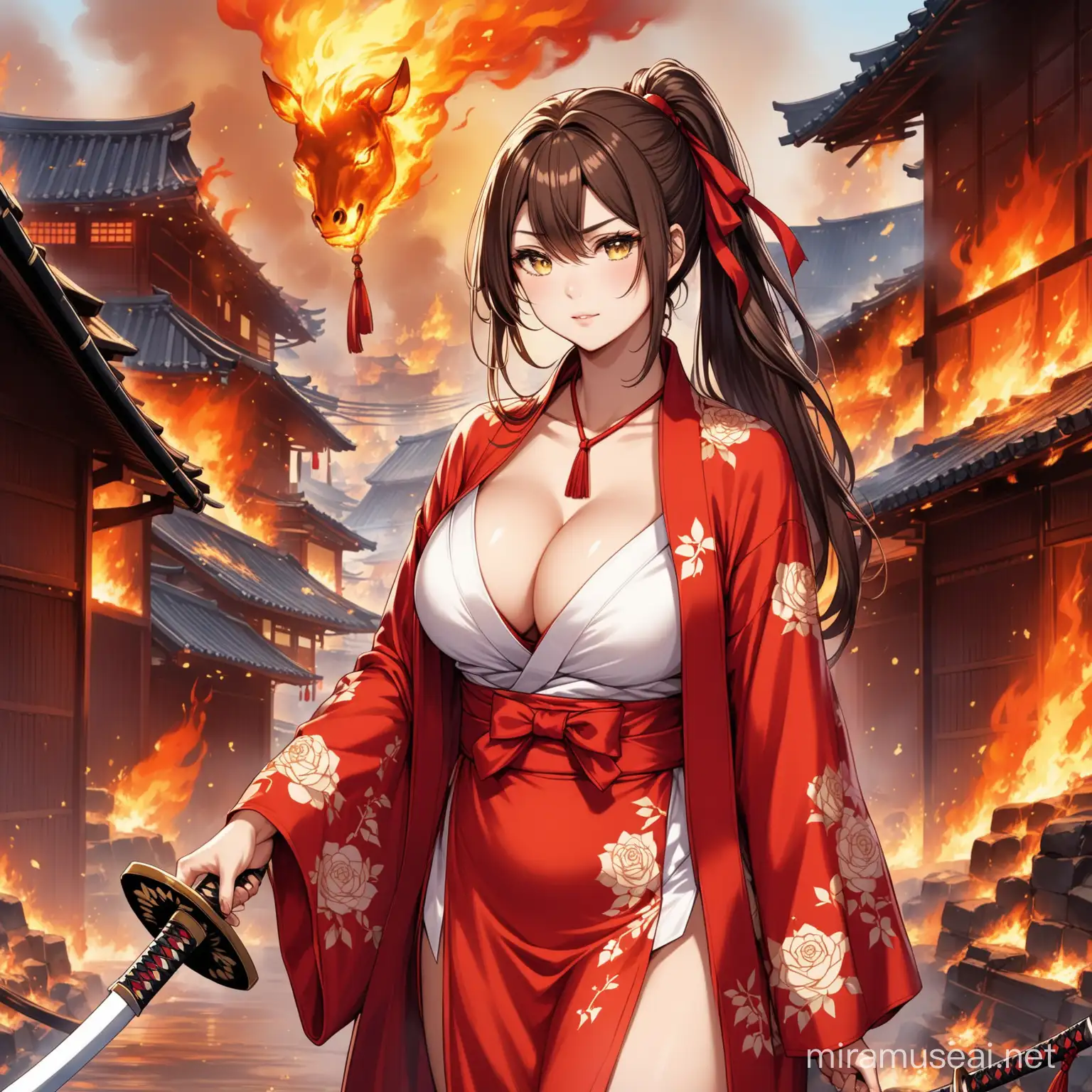 A 19 year old looking girl with brown long hair. With a red ribbon on the pony. She is wearing a red and white hewlan kimono. She have big boobs. She have yellow eyes. Above her wrist she have a tattoo of an elegant rose. In her hand she is holding a red themed glorious katana. Above her hewlan kimono she is hanging a white-golden-red themed coat like cape, like navy Admirals wear. Scorching flame fragments small as little are coming out of her neck. Background is a burnt massacred samurai town