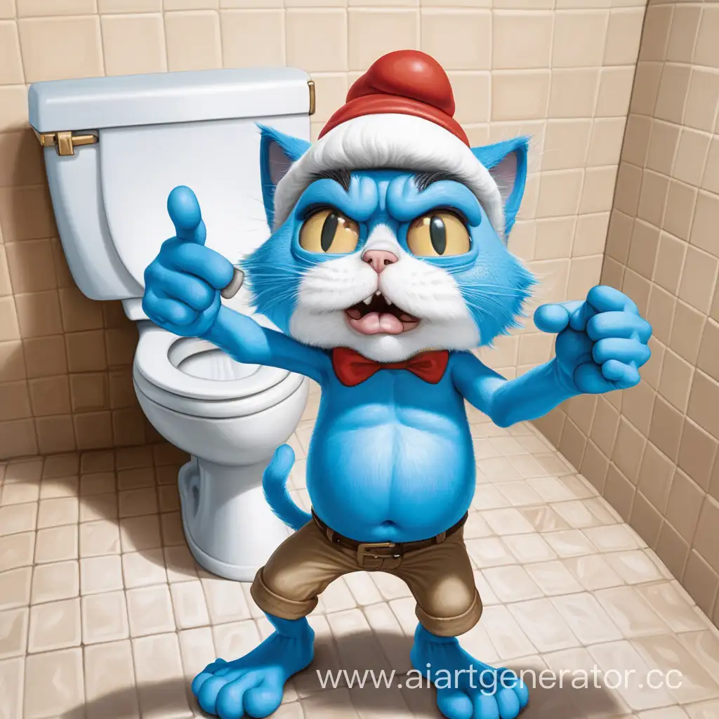 Mushroom Smurf cat takes a selfie with a toilet with a man's head sticking out of it