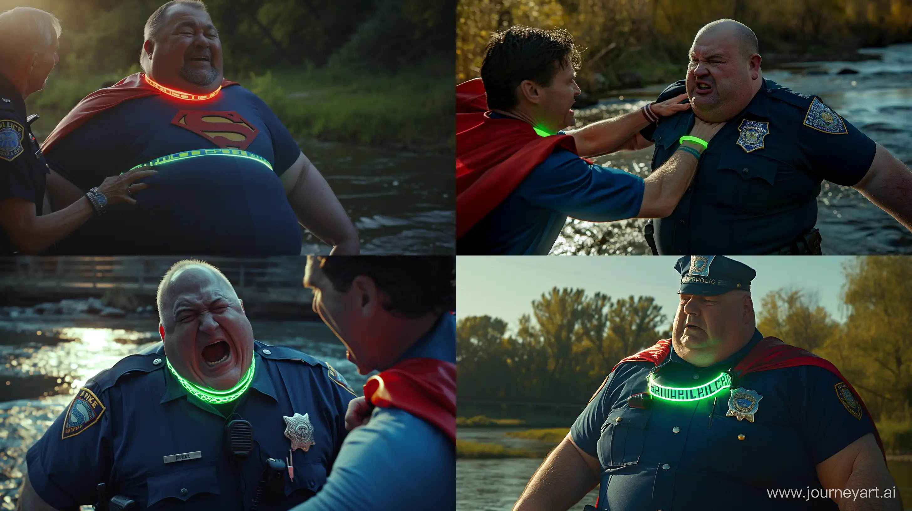 Close-up photo of a fat man aged 60 wearing a navy police uniform. Tackling a fat man aged 60 wearing a tight blue 1978 superman costume with a red cape  and a tight green glowing neon dog collar. Natural Light. River. --style raw --ar 16:9