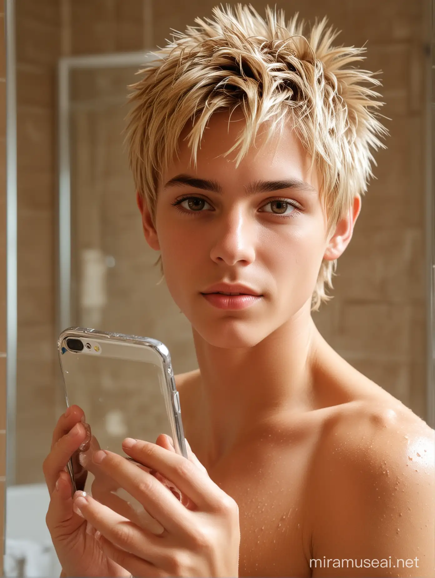 blond wet hair , Very handsome,,boy,boy,16 years old,(beautiful vivid ocher-Brown eyes with 3D light reflection),back,athletic figure,close-up of hands AND fingers,tanned,blonde hair,athlete,golden blonde short cut hair  with spiky hair, detailed skin and fine hair on the face and body, a white towel wrapped around the waist, standing in front of the mirror in the bathroom and taking a picture of herself with her mobile phone as her reflection in the mirror, brown tiling on the walls