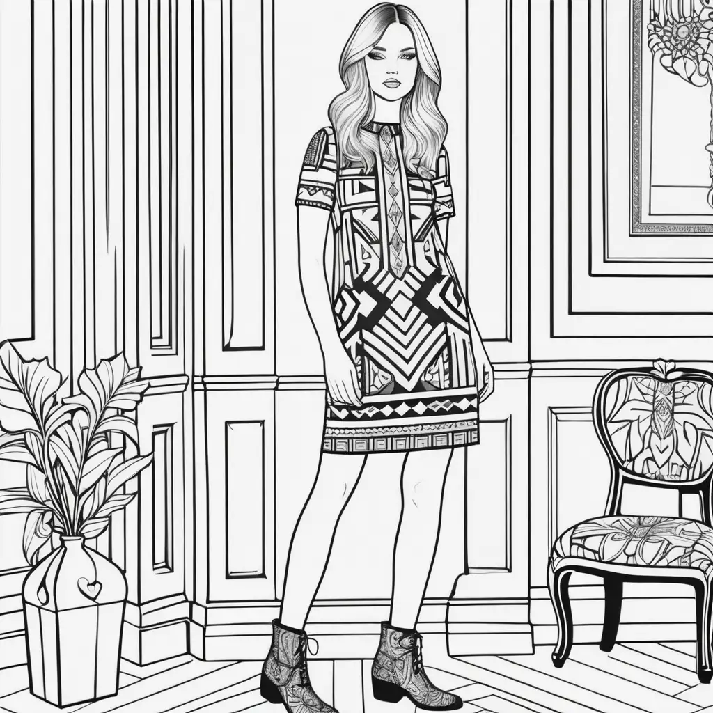 Trendy Woman in Bold Patterned Shift Dress and Statement Tights Coloring Page