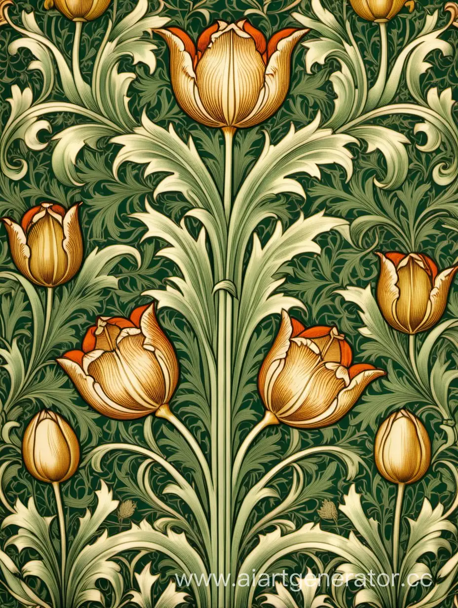 William-Morris-Inspired-Vintage-Wallpaper-Ornate-Gold-Tulip-Pattern-on-Green-Background