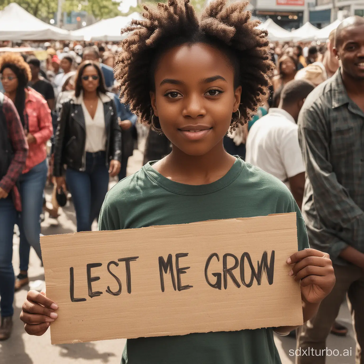 a black girl with a sign that says "let me grow" in a crowd market