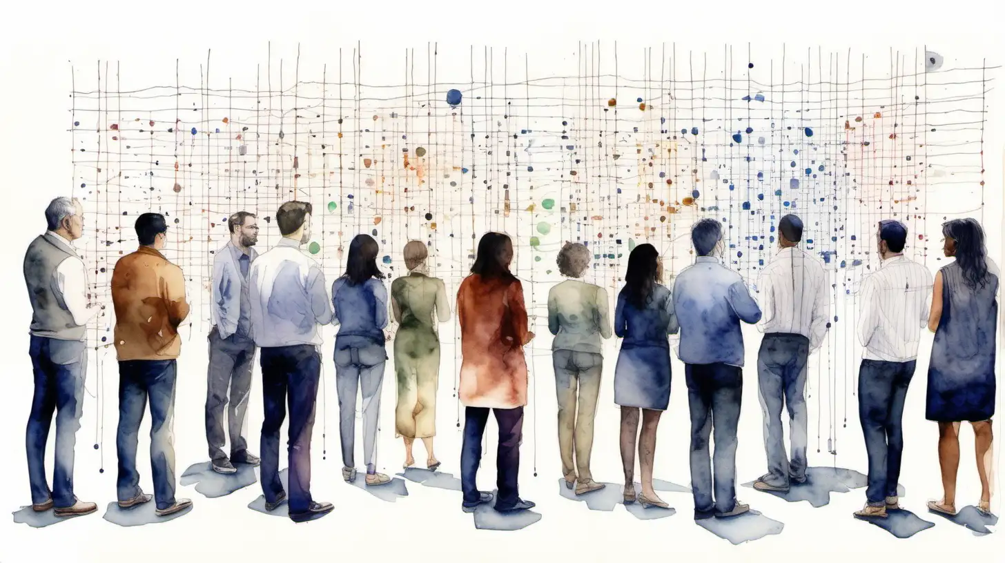 A watercolour painting, clean white background, diverse group of people looking at the wall and talking, a lot of threads connecting different data points on a wall