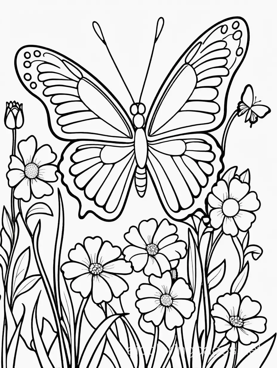 butterfly among the flowers, Coloring Page, black and white, line art, white background, Simplicity, Ample White Space. The background of the coloring page is plain white to make it easy for young children to color within the lines. The outlines of all the subjects are easy to distinguish, making it simple for kids to color without too much difficulty