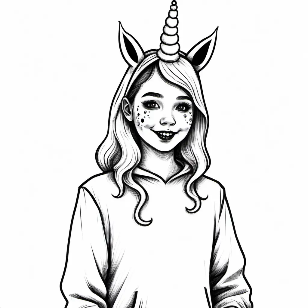 simple black and white drawing of teen wearing unicorn halloween costume at party