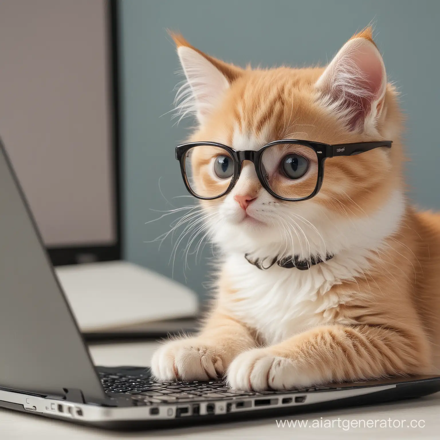 котик в очках смотрит в монитор ноутбука 
