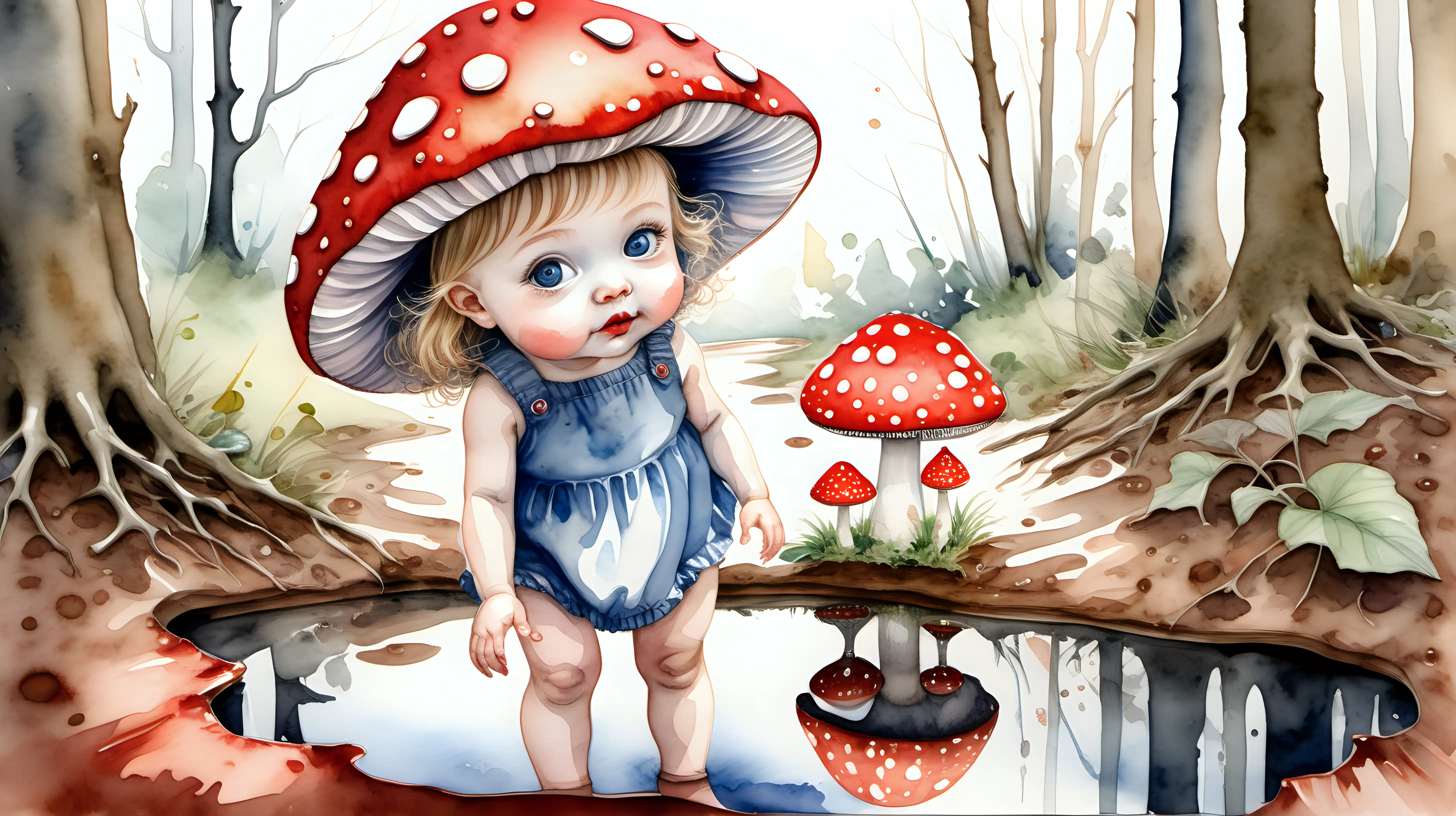 A watercolour fairytale picture of a darkblond blue eyed baby girl wears a hat made of a red toadstool, she is in a wood looking at her reflection in a puddle
