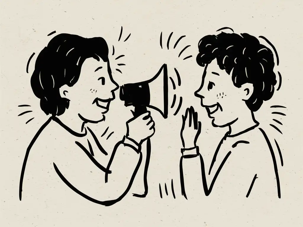 A person holding a loudspeaker and talking into another person's ear, simple drawing style