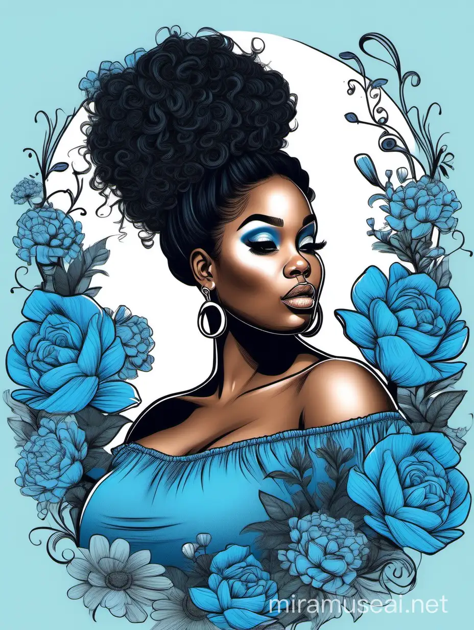 Whimsical Portrait of Curvy Black Woman in Blue OffShoulder Blouse Surrounded by Blue and Black Flowers