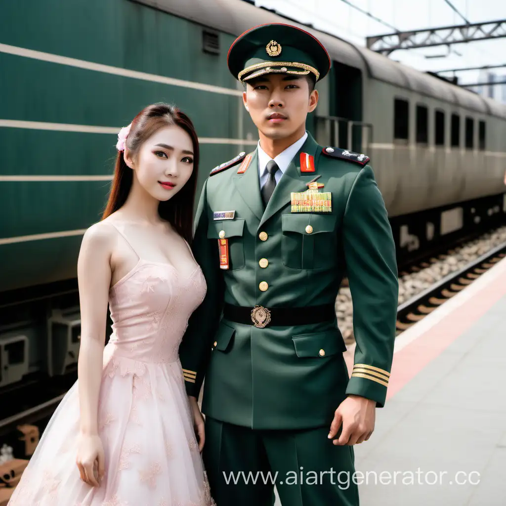 красивый парень азиат в военной форме, подтянутый, рядо с стоит девушка в платье а на фоне у них поезд
