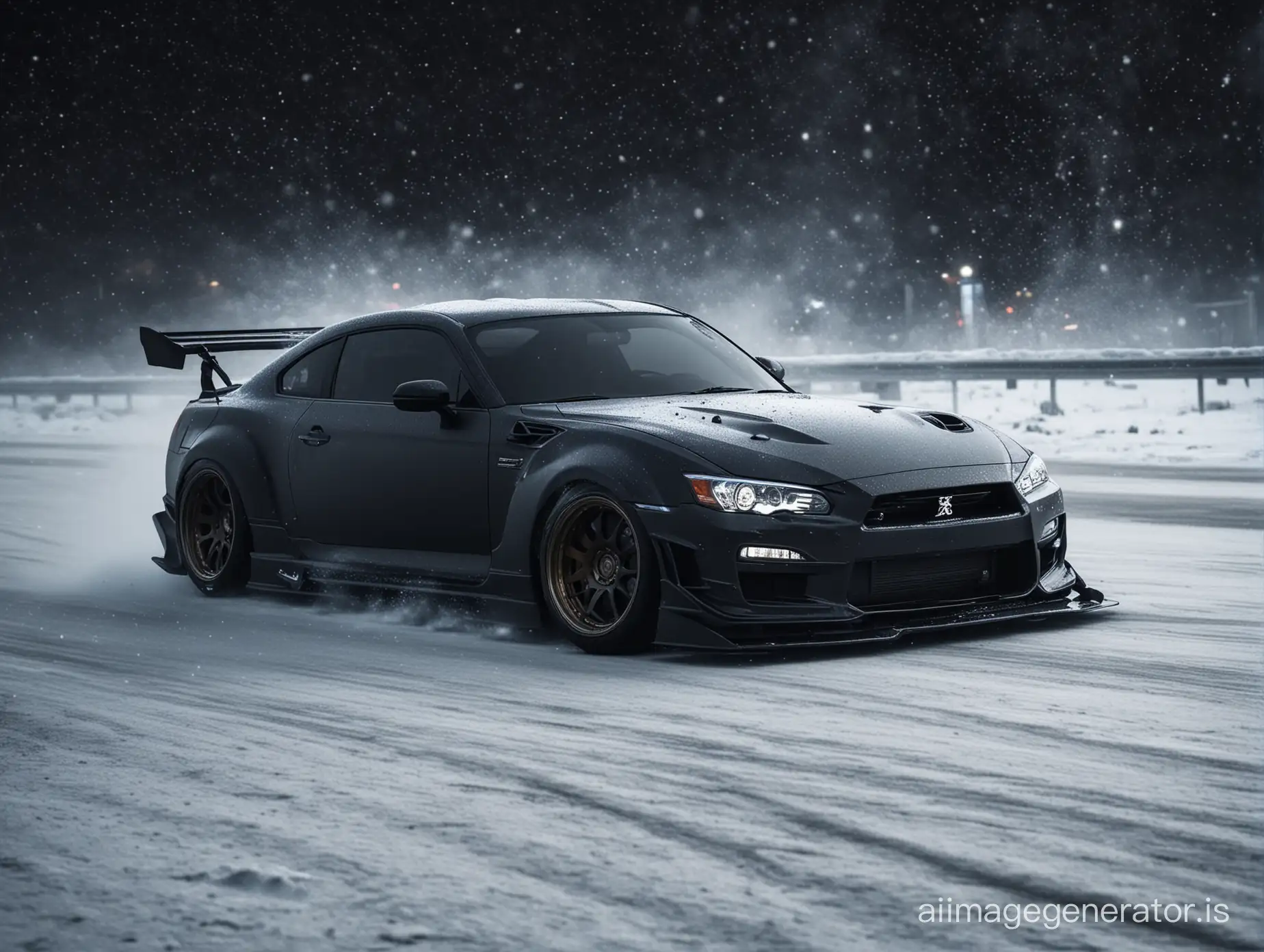 CREATE A SPORT CONCEPT TUNED from Japanese, DRIVING AT NIGHT DRIFTING DARK COLORS THE ROAD BLACK CARBON THE CAR COLOR darker make to snow