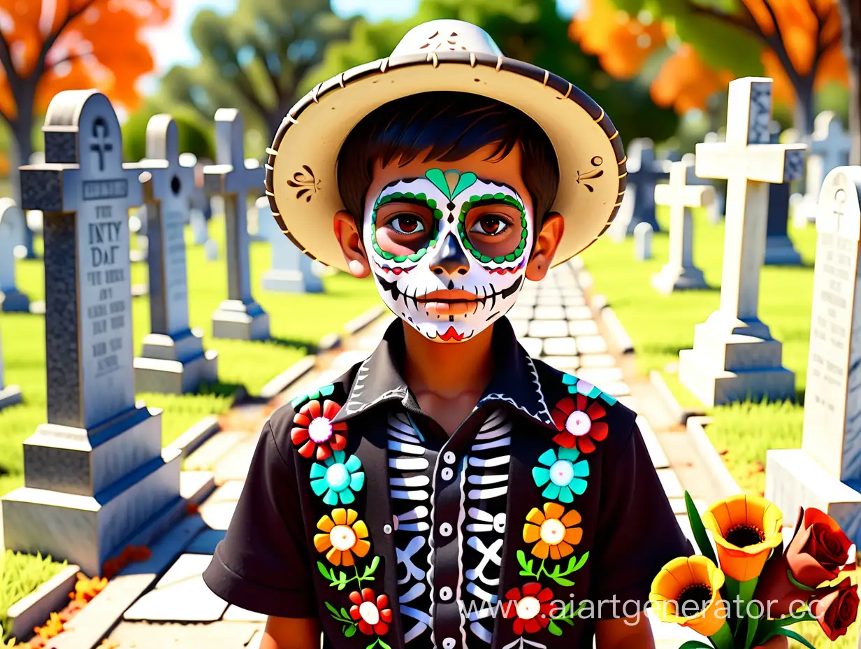 Mexican-Boy-Celebrating-Day-of-the-Dead-at-the-Cemetery