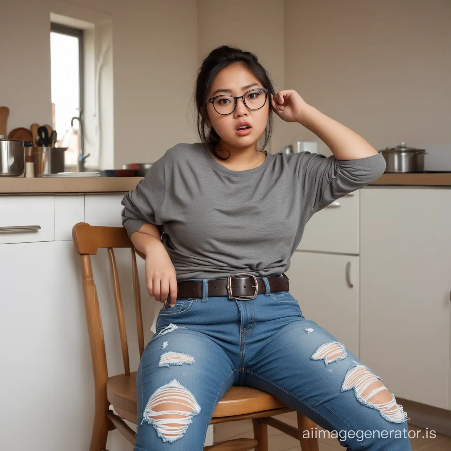 an asian curvy girl in anger,13 years,glasses,sitting on a chair,stern face,ripped tight jeans with belt,kitchen