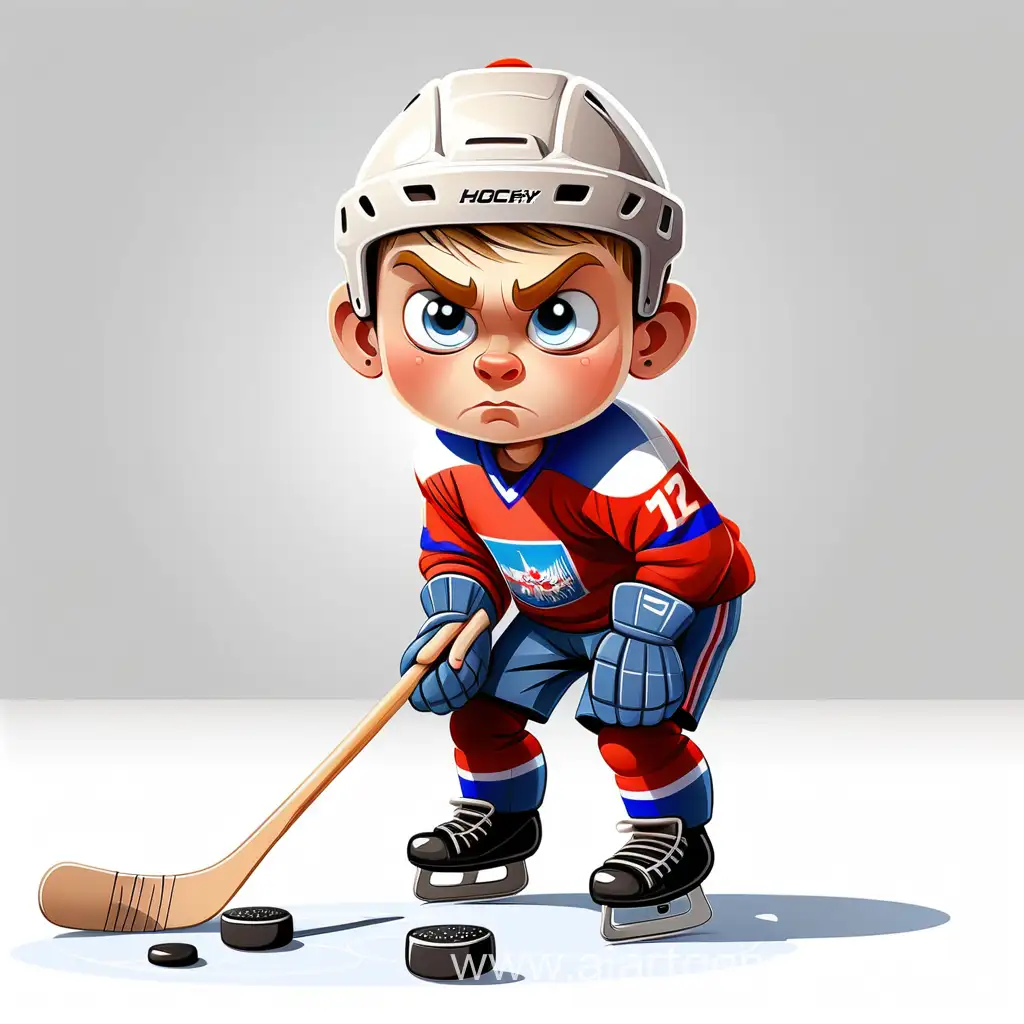 
 мультяшный герой российский хоккеист ребенок с клюшкой
и шайбой,.,на белом фоне
