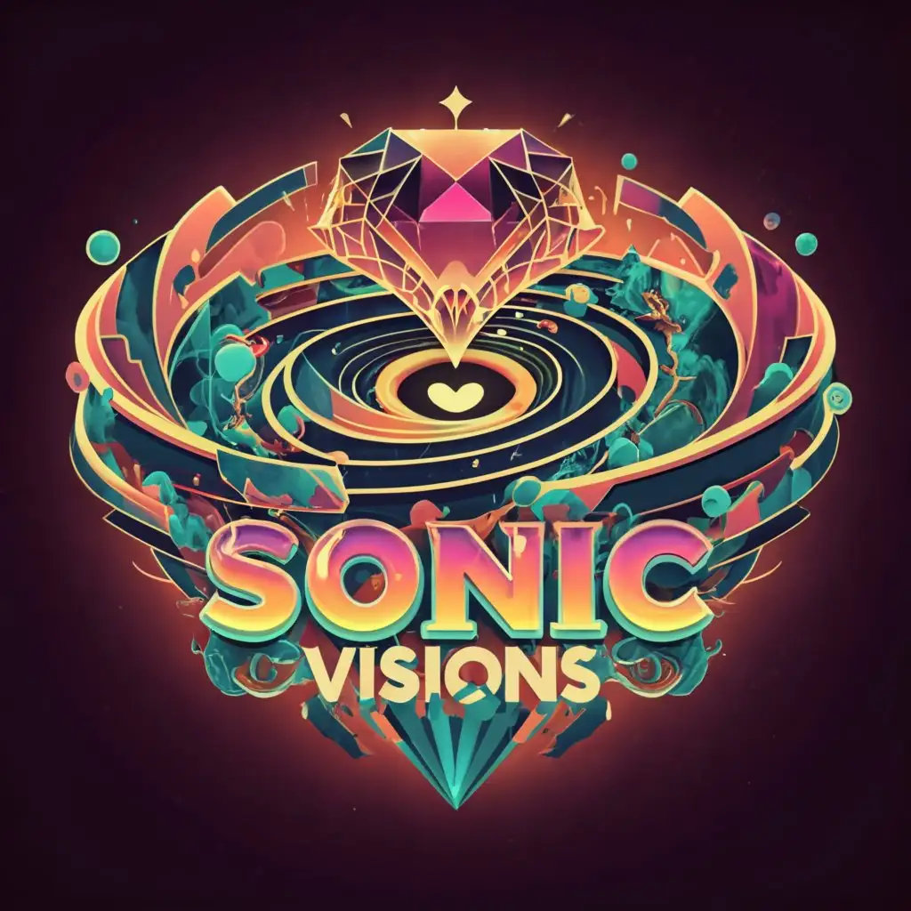 a logo design,with the text 'Sonic Visions', main symbol: fractured black hole hurricane diamond heart, psychedelic, shiny, sonic the hedgehog font, complex, to be used in Entertainment industry, transparent background